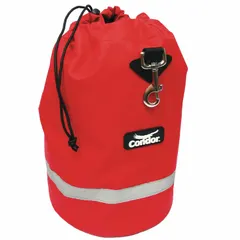 This polyester storage bag in red with a drawstring closure is designed for storing respirators. The 14-inch length accommodates standard respirators, and the fleece lining provides cushioning to help prevent scratches. Suitable for use in industrial, construction, and maintenance settings where respiratory protection is stored.