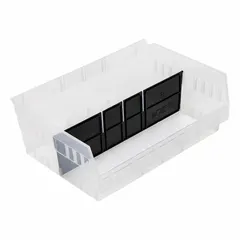Plastic shelf bin divider designed to create compartments within industrial storage bins. Measures 10 inches by 6 inches with a 15-inch overall width. Suitable for organizing small parts, tools, and components in warehouses, workshops, and distribution centers.