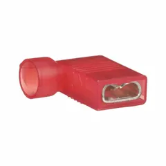 The PANDUIT DNFR18-250FIB-M is a fully insulated flag disconnect for terminating 22–18 AWG wire. Its nylon insulation provides full coverage, making it suitable for use in electrical panels, appliances, and automotive systems where a right-angle connection is required in confined spaces.