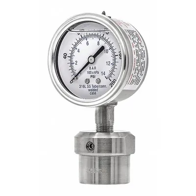 PIC GAUGES Pressure Gauge with Diaphragm Seal: 0 psi to 200 psi, 301L/0JJJ, 2 1/2 in Dial - Dial Pressure Gauges with 316 SS Female-Threaded Mini-Seal