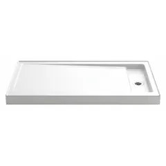 Rectangular cast iron shower base with single threshold design. Features Safeguard slip-resistant finish for added safety. Overall length 34 in, overall height 4 1/2 in. Drain located on the right side.