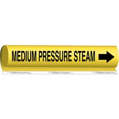 Yellow wrap-around pipe marker with black legend reading 'Medium Pressure Steam'. Fits pipe outer diameters from 2-1/2 to 7-7/8 inches. Includes directional arrows. Used to identify medium pressure steam lines in industrial piping systems.
