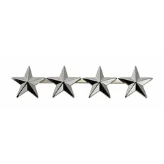 Metallic rank insignia with four stars, 5/8 in size, silver finish, metal construction, and clutch pin attachment. Used on military, ceremonial, or uniform garments to denote rank.