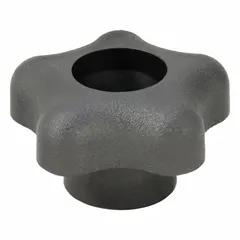 This 5-arm knob features a plastic body with a steel thread insert and a 1/4"-20 threaded through-hole. The 1.75 in diameter provides a comfortable grip for manual adjustment and clamping on industrial machinery, jigs, and fixtures.