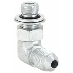 This rigid 90° elbow hydraulic hose adapter features male x male connections with a Metric x JIC thread type. Constructed from steel, it is suitable for NPTF-to-NPTF systems in industrial hydraulic applications requiring a compact angled transition between metric and JIC ports.