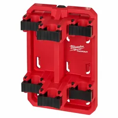 Polymer tool rack in black and red, measuring 9 3/8 in W x 14 in H x 14 in L. Equipped with Quick Access Tool Clamps for securing tools. Suitable for organizing tools in workshops, job sites, or vehicles.
