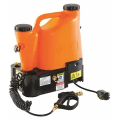 The SPEEDCLEAN CJ-200e is a plug-in electric coil cleaning system with a 3.3-gallon capacity, delivering 0.5 gpm at 220 psi. It includes two nozzles and is used for cleaning HVAC and refrigeration coils, such as condensers, evaporators, and heat exchangers, to remove dirt and debris.
