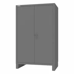 This welded steel cabinet with powder-coated gray finish is suited for secure storage of tools, parts, and equipment in warehouses, factories, and workshops. It features a recessed swing handle that is padlockable, four adjustable shelves, and legs for stability.