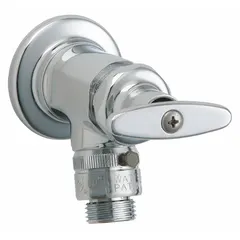 This inside sillcock features a brass body with polished chrome finish and a metal tee handle. It has an NPT inlet connection and an overall height of 3 3/4 inches. Designed for indoor water supply connections, it provides a threaded outlet for attaching a hose in maintenance areas or utility spaces.