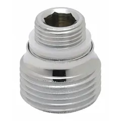 This brass faucet aerator adapter features a chrome finish and a 3/4"-11 male NPSM connection. It provides a laminar flow outlet, reducing splashing in commercial or industrial faucet applications. Includes adapter for installation.
