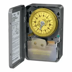 The INTERMATIC T1905 is a 24-hour electromechanical timer switch with a SPDT mechanism rated at 125V AC. It features a metal body and is designed for indoor surface mounting. This timer is used for automatic on/off control of electrical loads such as lighting, fans, and pumps in industrial and commercial scheduling applications.