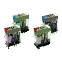 Socket-mounted relay from the G2RS series with a square base and plug-in electrical connection. Features DPDT contact arrangement, 120V AC coil, and 8 pins/terminals. Suitable for general-purpose switching in control panels, automation systems, and industrial machinery.