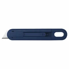 This automatic retracting utility knife features a blue plastic body with a plain stainless steel standard tip. It has an overall length of 5-1/2 inches and a width of 1 inch. The slide release button allows controlled cutting, while the blade automatically retracts after each cut to reduce exposure. Commonly used for cutting cardboard, plastic strapping, shrink wrap, and tape in warehouses and shipping areas.