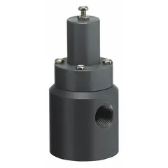 This pressure relief valve features a PVC body with FKM seals and 1/2 in x 1/2 in FNPT connections. It is designed to protect piping systems handling corrosive or ultra-pure liquids from overpressure by maintaining a set back pressure and opening when the set point is exceeded. Typical applications include chemical processing, water treatment, and semiconductor manufacturing.