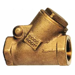 This bronze Y-style swing check valve features a 2 in pipe size with FNPT x FNPT connections. It is used in piping systems to prevent backflow, suitable for water, oil, and gas applications where inline flow and easy maintenance access are required.