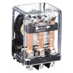 Socket-mounted relay with square base and round pins. Rated 10 A at 120V AC, 3PDT contact configuration, 11 terminals. Plug-in mounting for easy installation in control panels and automation systems.
