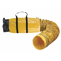 This 15-foot ventilation duct is constructed of black/yellow vinyl polyester and includes a drawstring closure. It is designed for use with blowers to direct fresh air into or exhaust stale air from confined spaces such as tanks, vaults, and manholes. The duct meets UL-94-VO standards and is non-conductive.
