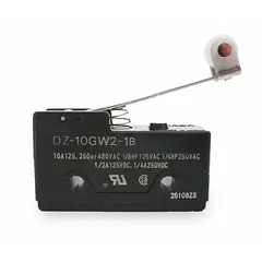 Snap action switch with hinge roller lever actuator, suitable for position sensing and limit control in industrial automation. Features 3NO/3NC contact configuration, screw electrical connection, and AC contact rating of 2 A at 480 V.