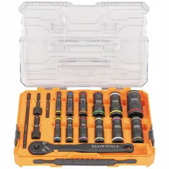 This 18-piece impact socket set includes 12 six-point sockets in SAE and metric sizes, ranging from 1/4 to 1 in and 8 to 19 mm. Designed for use with impact wrenches, the set provides secure grip and torque transfer for fastening and loosening nuts and bolts in automotive, construction, and industrial maintenance applications.