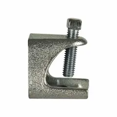 Malleable iron beam clamp for I-beam mounting. Thread size 1/2"-13, load capacity 200 lb. Overall dimensions: length 2.33 in, width 2.48 in, height 2.19 in. cULus Listed. Used to secure threaded rods, wire, or purlins for supporting conduit, cable trays, and mechanical equipment.