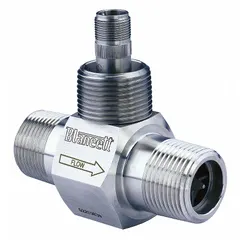 Inline turbine flowmeter for flow measurement of oils and water. Features a stainless steel rotor, 1/2-inch NPT connection, and +/-1% accuracy. Outputs a standard frequency pulse with measurement in gallons. Suitable for industrial fluid monitoring and process control applications.