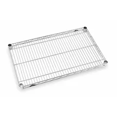 Steel wire shelf with chrome finish for dry environments. Single shelf with split-sleeve design supports 800 lb. NSF Approved. Suitable for organizing supplies in commercial kitchens, warehouses, and retail storage areas.