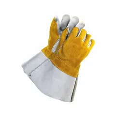 These MIG welding gloves feature a premium cowhide leather palm with a deerskin feature and cowhide backing. The straight thumb design and gauntlet cuff provide hand and forearm protection during welding. Supplied as a single pair in a universal glove size.
