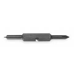 Double-ended driver bit with a #1 Phillips tip on one side and a standard flat tip on the other. Made from S2 steel with a hex shank, designed for manual screwdriving in electrical, construction, and maintenance tasks.