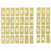 This brass interlocking stencil set includes characters 0 to 9 and punctuation marks. The stencils interlock horizontally for alignment and feature a character height of 1 inch and width of 3/4 inch. Suitable for marking parts, panels, bins, and equipment in industrial maintenance and facility identification applications