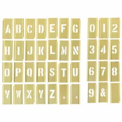 This brass interlocking stencil set includes characters 0 to 9 and punctuation marks. The stencils interlock horizontally for alignment and feature a character height of 1 inch and width of 3/4 inch. Suitable for marking parts, panels, bins, and equipment in industrial maintenance and facility identification applications.