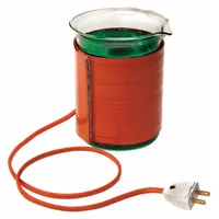 Silicone rubber heating device for 600 mL beakers. Maximum operating temperature 232°C. Moisture resistant, ungrounded, no backing. Requires separate controller (not included). Overall dimensions: 15 in length, 3 5/8 in width, 3/16 in thickness