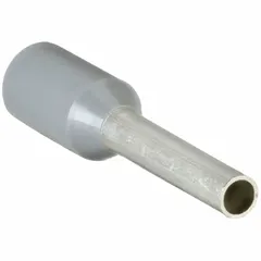 Insulated ferrule for terminating stranded wire into terminal blocks or clamp connectors. Holds one 18 AWG wire, with a 0.06 in ferrule diameter and gray polypropylene insulation. Prevents fraying and ensures secure connections in control panels and power distribution.