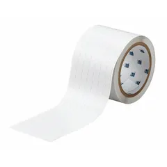 Precut label roll measuring 3 13/64 in x 3/8 in with a 3/8 in x 3/8 in pre-cut format. Made of polyimide with a white matte finish. Compatible with BBP81 printer series. Used for industrial identification and marking in environments requiring heat and chemical resistance.