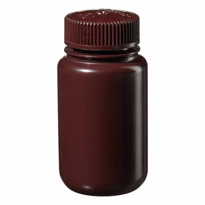 NALGENE Laboratory Bottle: HDPE, 125 mL, 4 fl oz, Closure Included, Amber, 38 mm - HDPE Wide Mouth Round Lab Bottles