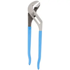 12-inch flat-jaw tongue and groove pliers with serrated groove joint and 2 1/4-inch maximum jaw opening. Designed for gripping and turning flat surfaces such as nuts, fittings, and flat stock in plumbing, electrical, and mechanical applications.