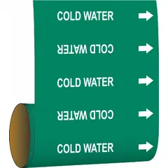 Green adhesive pipe marker with white legend text reading 'Cold Water' and directional arrows. Designed for pipes with an outside diameter of 2 inches and smaller. Each roll contains 30 markers. Used to identify cold water lines in piping systems.