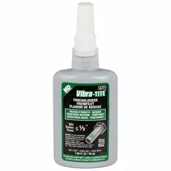 Green, medium-strength threadlocker formulated to wick into assembled threads, securing fasteners against loosening from vibration. Suitable for applications where disassembly with hand tools is required. Supplied in a 1.69 fl oz bottle.