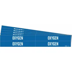 Blue adhesive pipe marker with white 'Oxygen' legend, designed for pipes with outer diameters from 3/4 to 2-3/8 inches. Each pack contains 4 markers without directional arrows, supplied in a 5-pack quantity. Used to identify oxygen lines in industrial piping systems, aiding in safety and compliance with pipe marking standards.
