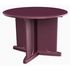 This 48-inch diameter round table from the Endurance series features a polyethylene construction with a burgundy finish. It accepts ballast for added stability and has no game top. Suitable for commercial dining areas, break rooms, and other high-traffic settings.