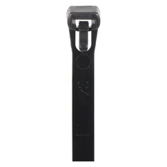Black push-release cable ties for indoor use. Each tie is 12 inches long, with a 50 lb tensile strength rating and a maximum bundle diameter of 3 3/16 inches. Suitable for bundling and securing cables, wires, or hoses in electrical panels, data centers, and industrial equipment. Supplied in a large pack of 500 ties.