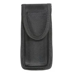 Snap-closure holster for carrying pepper spray. Designed for quick access and secure retention of pepper spray canisters. Suitable for use by security personnel and individuals for personal safety.