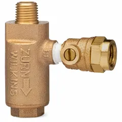 Bronze freeze relief valve with 1/4-inch male connection on side 1. Designed for use with backflow preventers to protect against freezing damage by automatically releasing water when internal pressure drops due to ice formation.