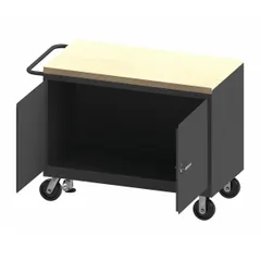 This fully assembled mobile cabinet bench features a butcher block work surface and a single storage compartment. With a 3600 lb overall load capacity, it is suited for heavy-duty industrial workstations, maintenance areas, and assembly lines. A side handle facilitates repositioning within a facility.