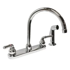This centerset kitchen faucet is constructed of cast brass with a gold finish. It features a widespread deck-mount design requiring three mounting holes. Suitable for kitchen sinks in residential or commercial settings, the gooseneck spout provides clearance for filling large pots and food preparation.