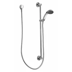 This MOEN Commercial Series handheld showerhead features a chrome finish and a 2.5 gpm flow rate. The 3 3/8 in wide handheld unit is constructed with metal and rubber. It includes a hose, mounting bracket, and slide bar for flexible positioning in commercial or institutional settings.