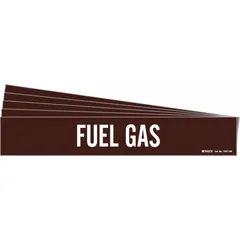Adhesive pipe marker with brown background and white 'Fuel Gas' legend, designed for pipes with outer diameter of 8 inches and larger. Each pack contains 5 markers (1 marker per pack) without directional arrows. Used for identifying fuel gas piping in industrial and commercial facilities.