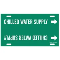 Snap-on pipe marker for identifying chilled water supply lines. Green background with white legend and directional arrows. Fits pipe outer diameters of 10 to 15 inches. Single marker supplied