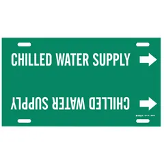 Snap-on pipe marker for identifying chilled water supply lines. Green background with white legend and directional arrows. Fits pipe outer diameters of 10 to 15 inches. Single marker supplied.