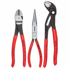 This 3-piece pliers set includes an 8-inch high leverage diagonal cutting plier and a tongue and groove plier, covering a pliers range of 2 to 5. The knurled grip handles provide manual operation. Suitable for general gripping, cutting, and adjustment tasks in maintenance, electrical, and plumbing applications.