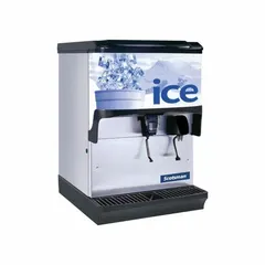 Lever-operated ice dispenser with 250 lb storage capacity. Antimicrobial surface protection. Dimensions: 41 in x 30 in x 31 in. Suitable for commercial foodservice settings requiring manual ice dispensing.